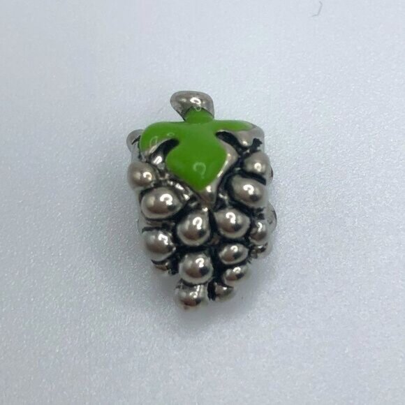 Jewelry - Bunch of Grapes Bead Charm Silver Tone with Green Enamel Leaves